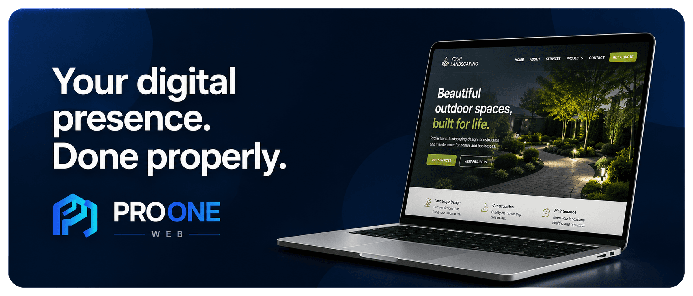 Professional landscaping website design displayed on a laptop