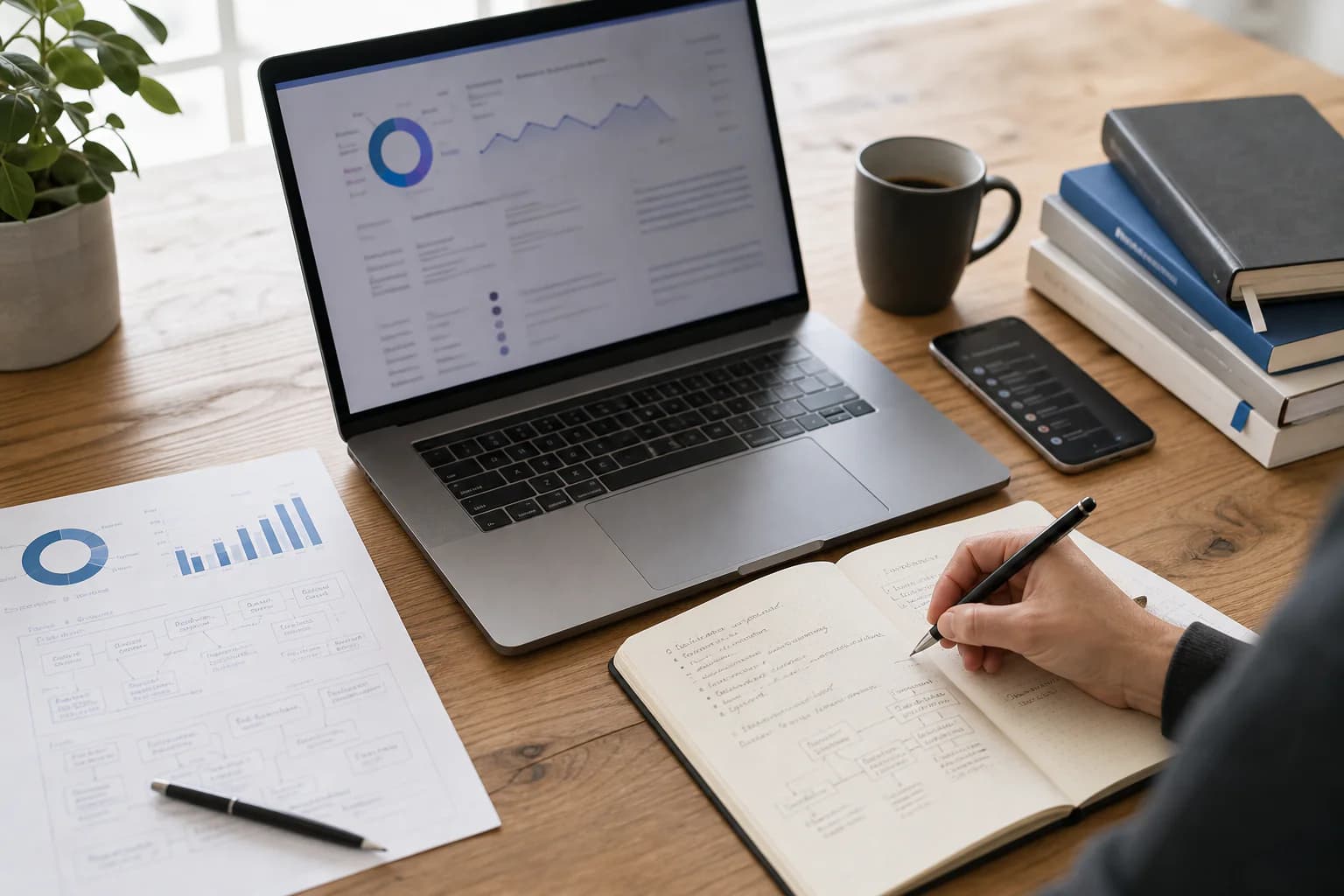 Digital guidance, analytics and working notes on a studio desk