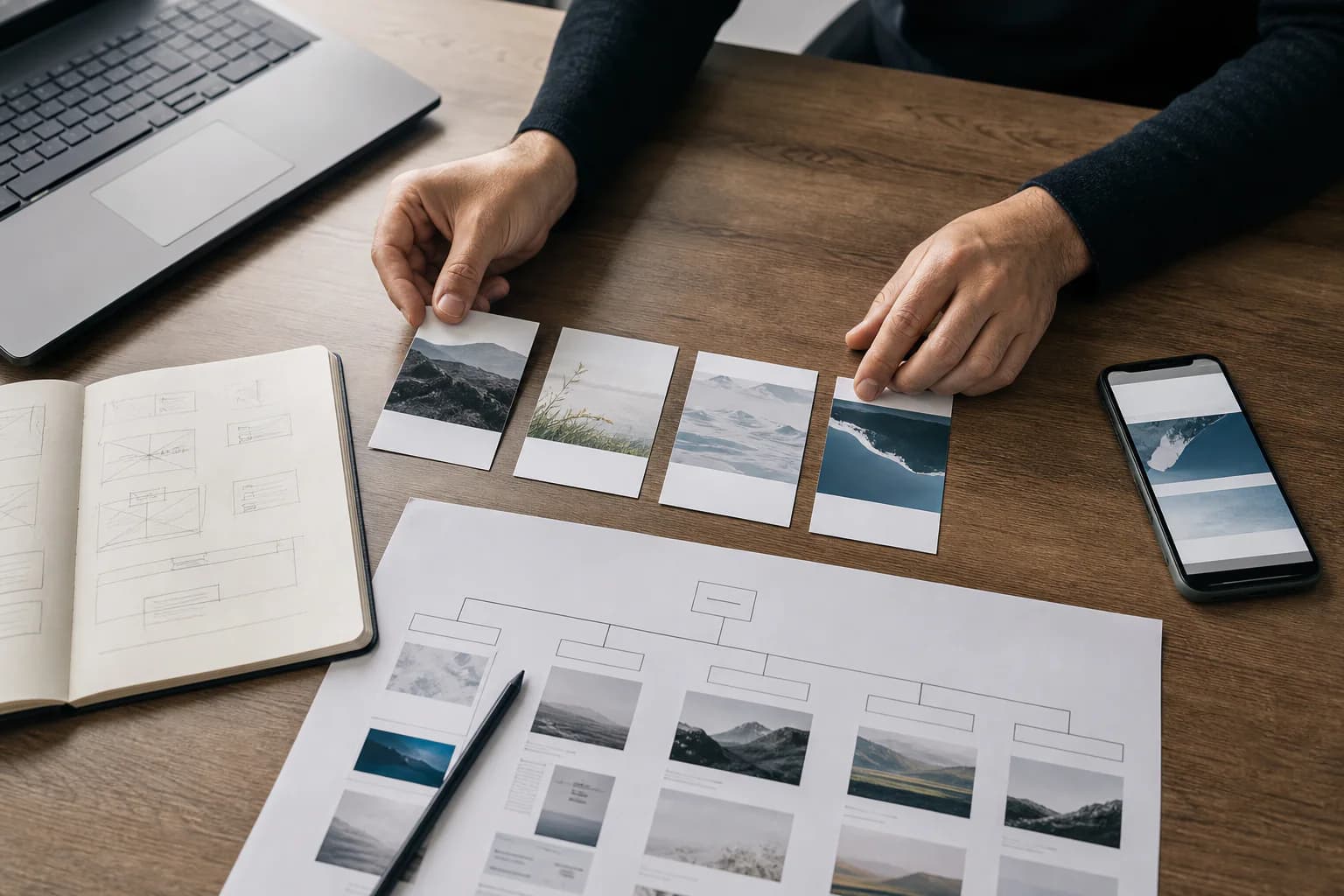 Website project planning materials arranged across a studio worktable