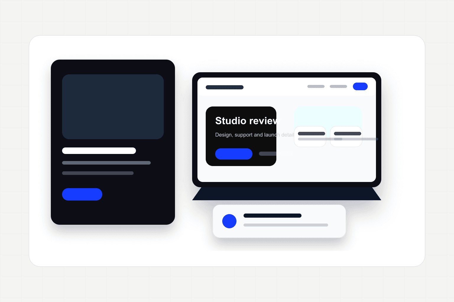 Studio review visual showing website design and launch details